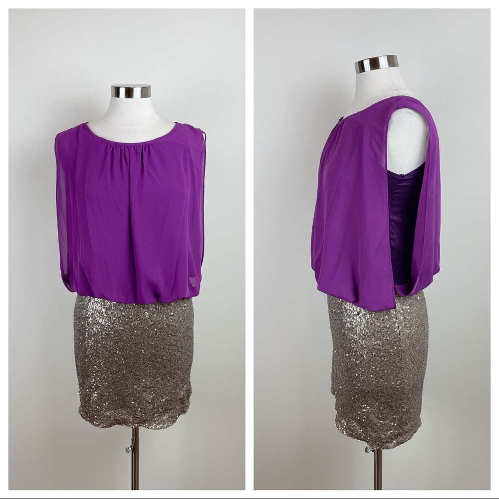 MM Couture Miss Me Purple Gold Sequin Dress Women Small